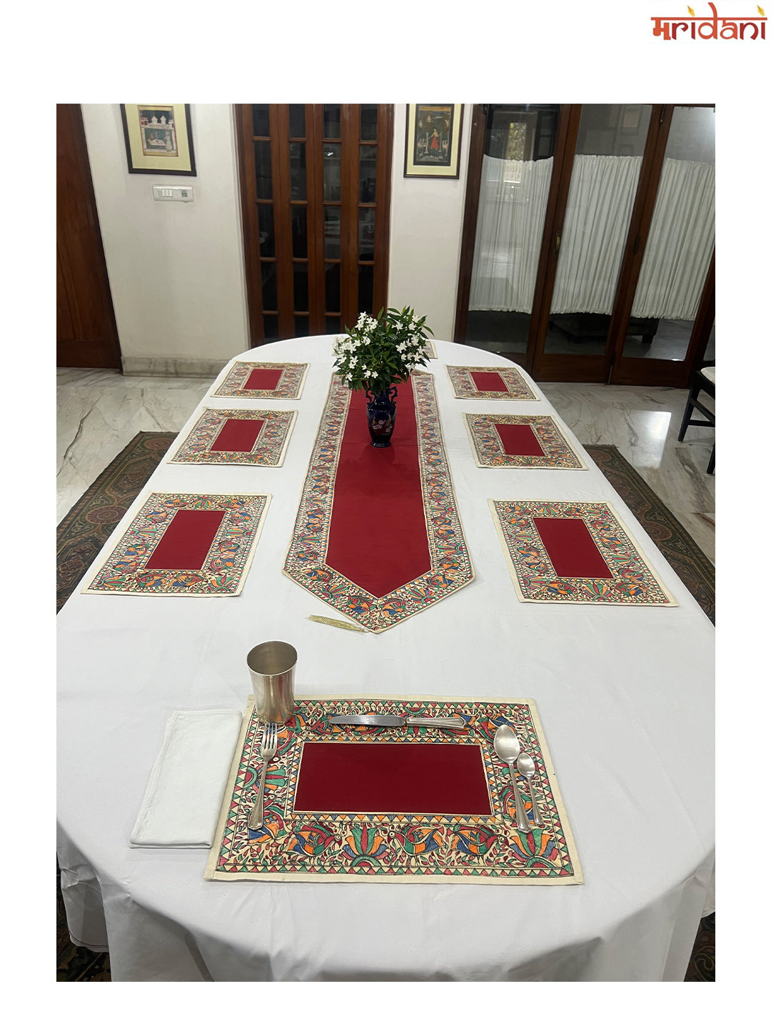 Hand-Painted Madhubani Table Mat Set – Peacock and Lotus Border